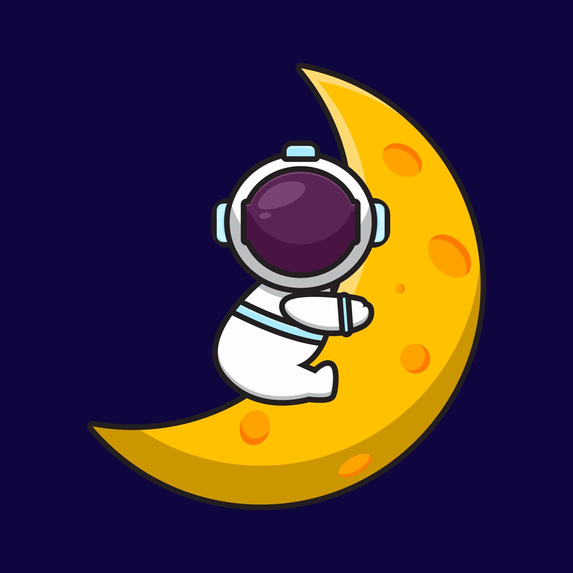 Cute astronaut character hug moon cartoon vector icon illustration. Science technology icon concept isolated vector. Flat cartoon style